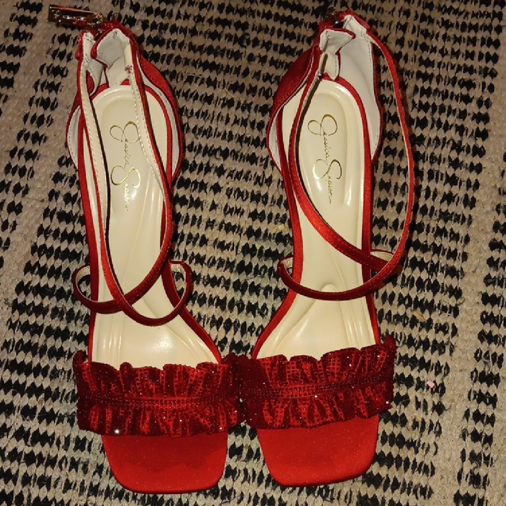 Jessica Simpson Red Ruffle Ankle-Tie Heels